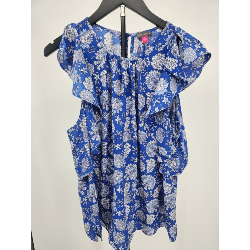 Vince Camuto Blue White Floral Paisley Flutter Sleeve Blouse Top Large 91322021